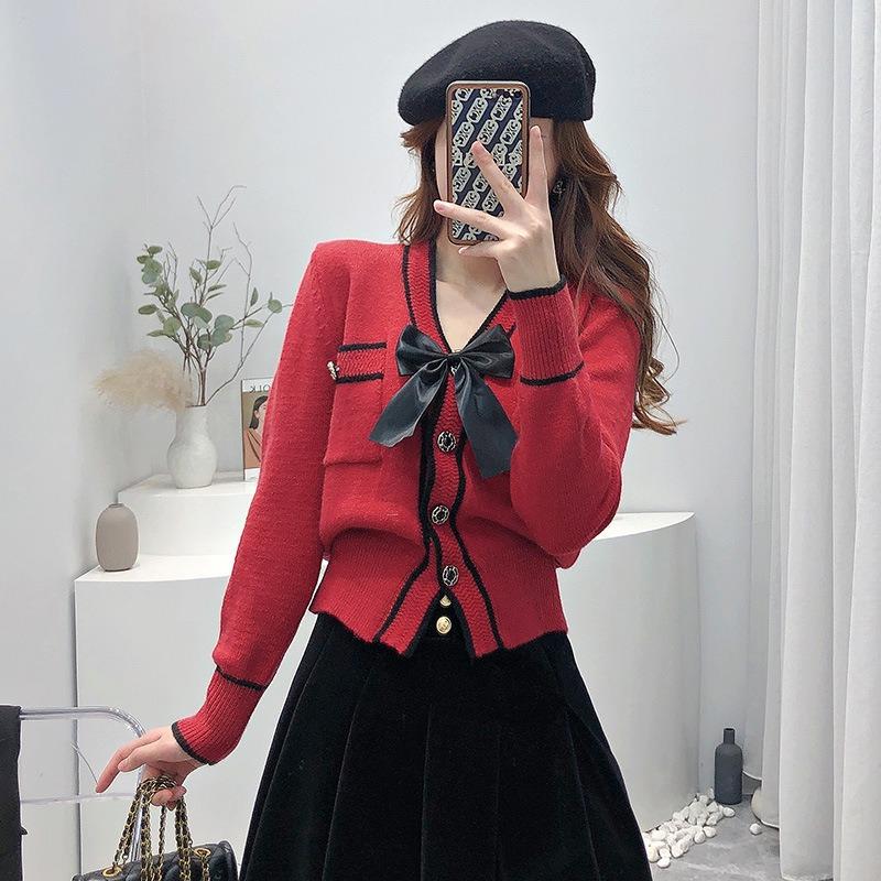 Red sweater women's spring and autumn fashion new chic coat women's Hong Kong flavor trendy bow knitted sweater women