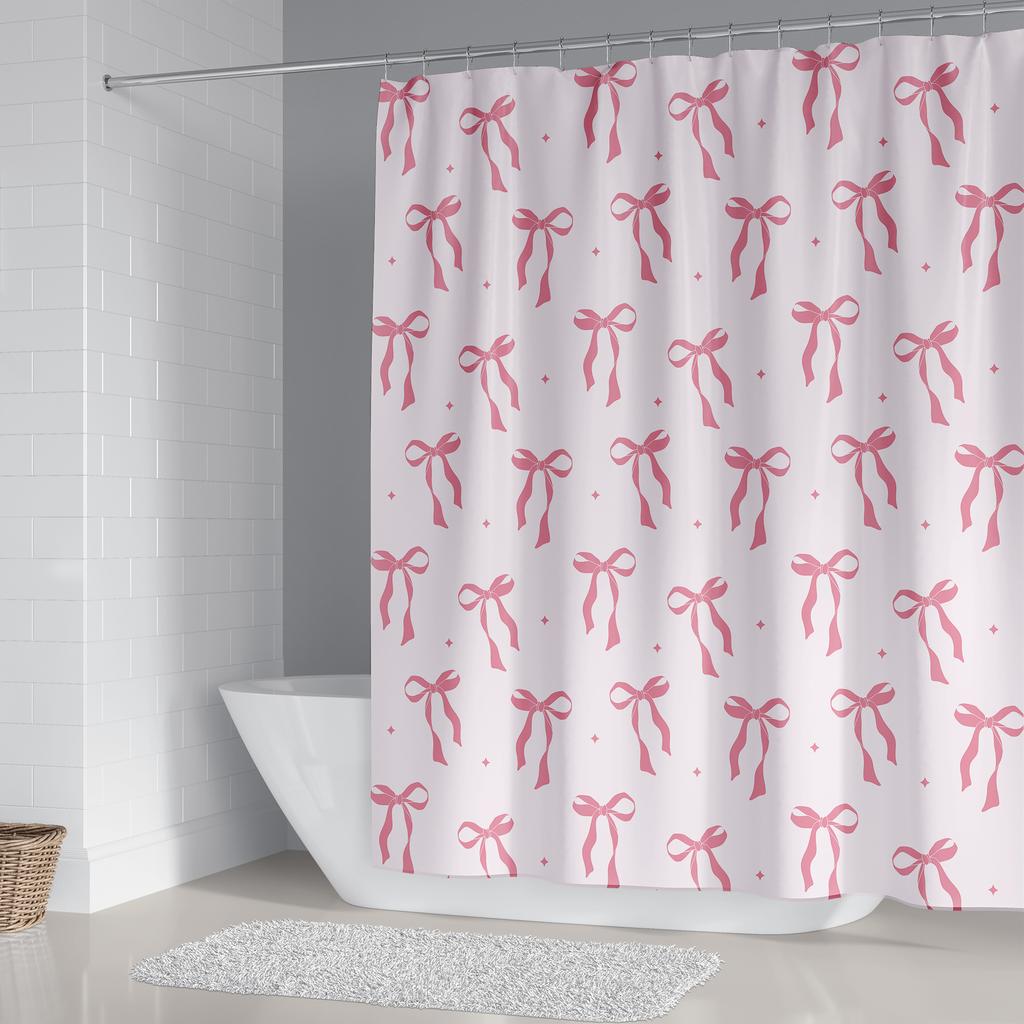Pink Bow Shower Curtain Polyester Waterproof Fashion 1pc/3pcs/4pcs Bathroom Floor Mat Toilet Set Bath Accessories Mildew Proof