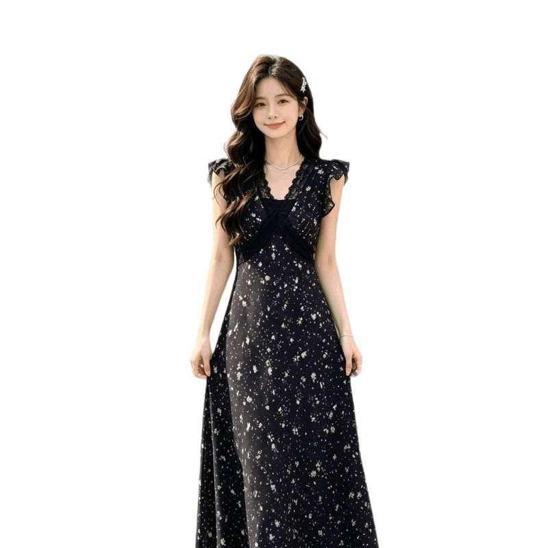New Black Lace Splicing Floral Dress Summer Vacation Style French Temperament Design Sense Thin Pinch Waist Length
