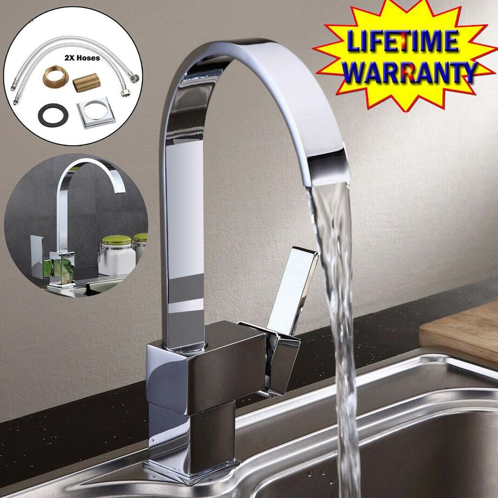 Modern Square Brass Cold & Hot Wster Faucet Swivel Spout Kitchen Sink Taps Basin Sink Mixer Tap 14.1x7.2in