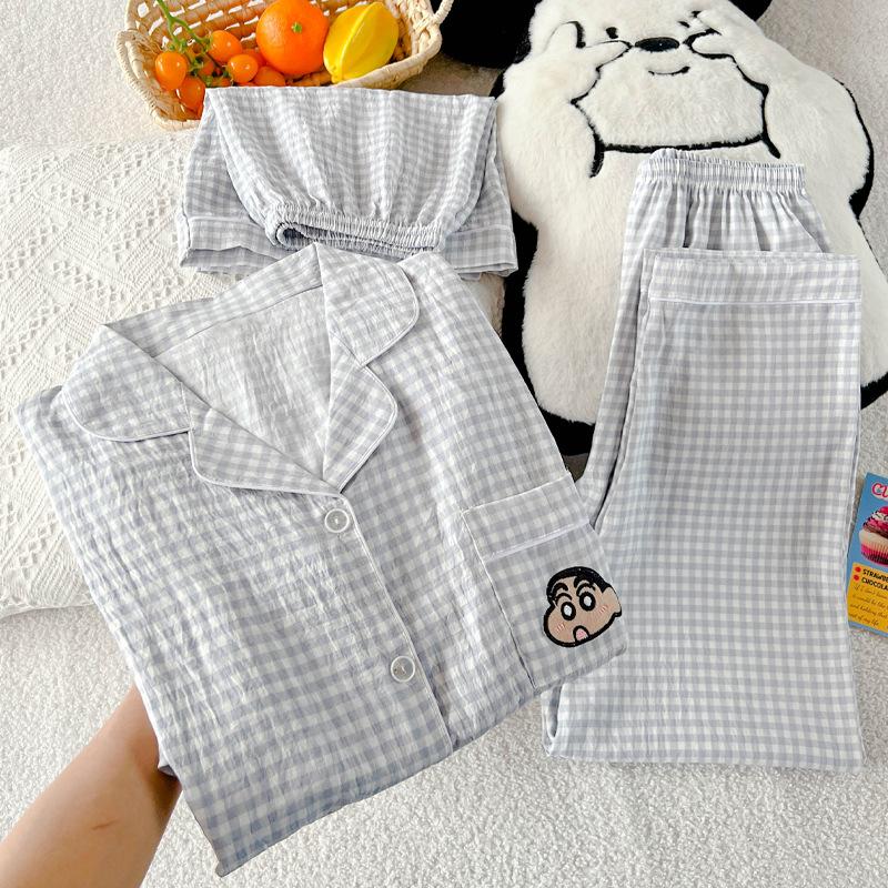 

Simple Plaid Wind Cloud Cotton High Value Women S Summer Pajamas Short Sleeve Three-Piece Set 2XL