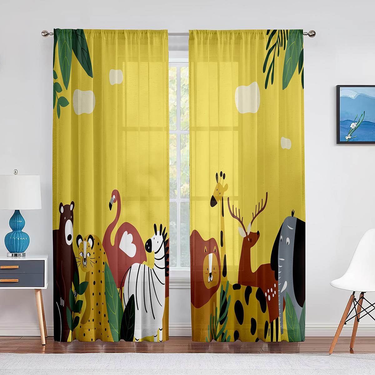 Мультяшные дикие животные Прозрачная вуалевая занавеска Тигр Слон Жираф Оконные шифоновые — фото 11