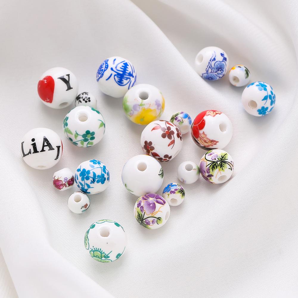 10-20pcs Flower Pattern Round Ceramic Beads Necklace Loose Spacer Beads For DIY Bracelet Charm Crafts Jewelry Making Findings