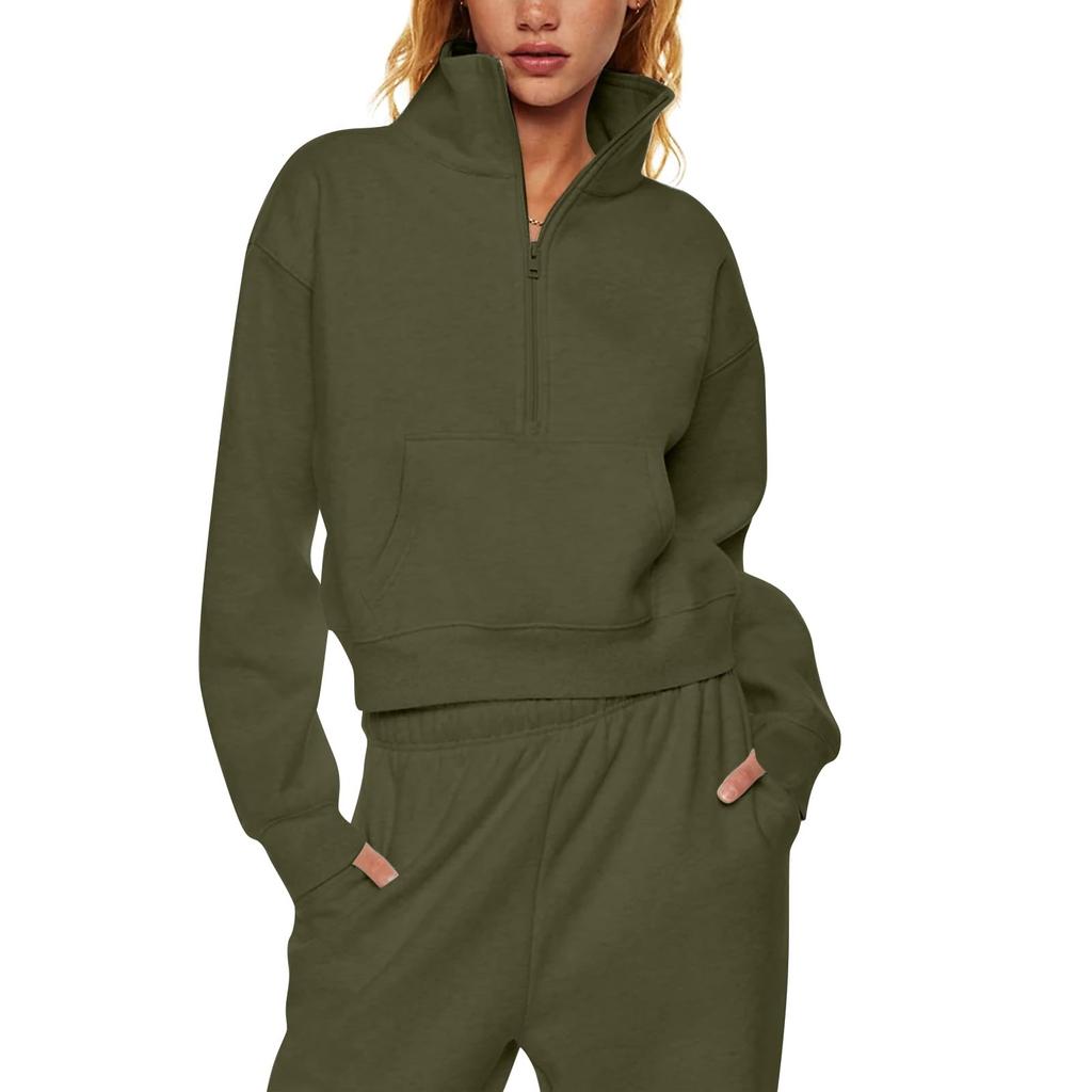 Damen Stehkragen Plus Fleece Einfarbig Hoodie Langarm Tasche Locker Halbreißverschluss Pullover Hoodie Top