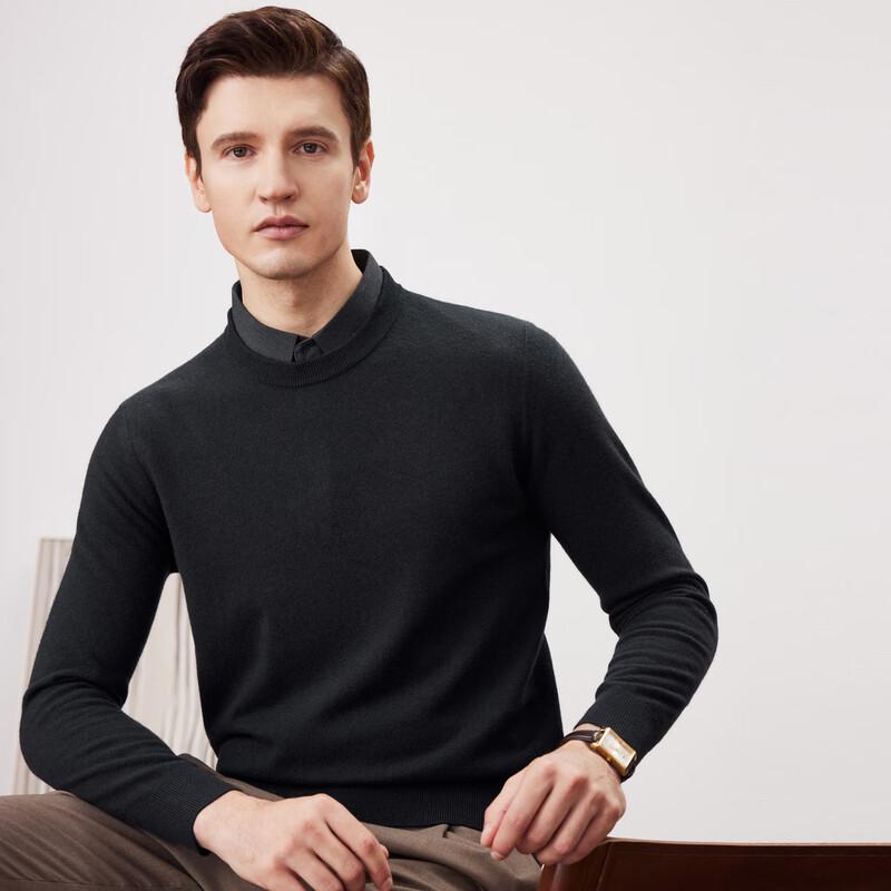 FIRS Men's 100% Merino Wool Faux Two-Piece Round Neck Sweater