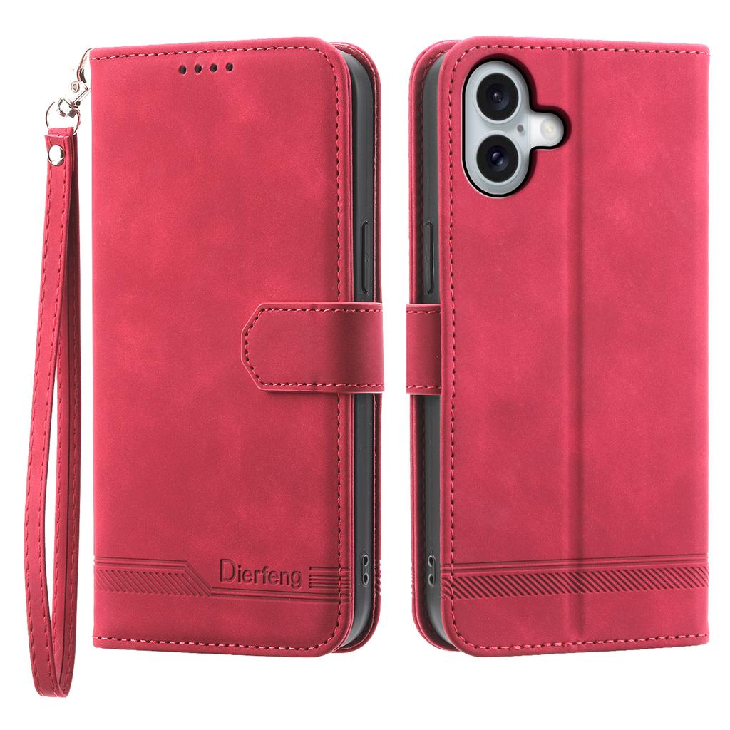 DIERFENG DF-03 For iPhone 16 Plus Wallet Case Lines Imprinted Leather Phone Cover