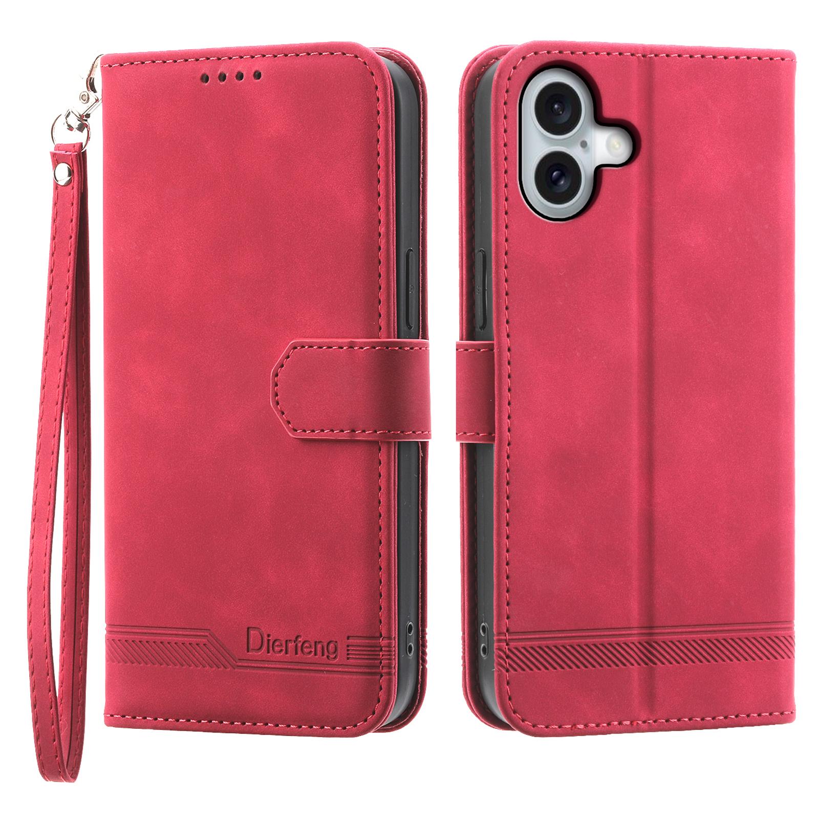 DIERFENG DF-03 For iPhone 16 Plus Wallet Case Lines Imprinted Leather Phone Cover C