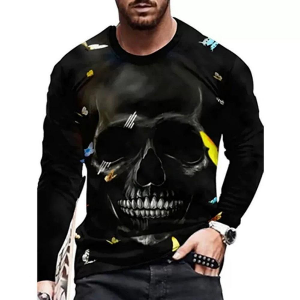 Edgy Skull Graphic Long Sleeve T-Shirt, Cool Streetwear Top for Men
