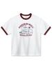 LA MAISON STUDIO Unisex Oversized Puppy Surfing Ringer Short Sleeve T-Shirt White Dark Red (Fce2Ts401M)