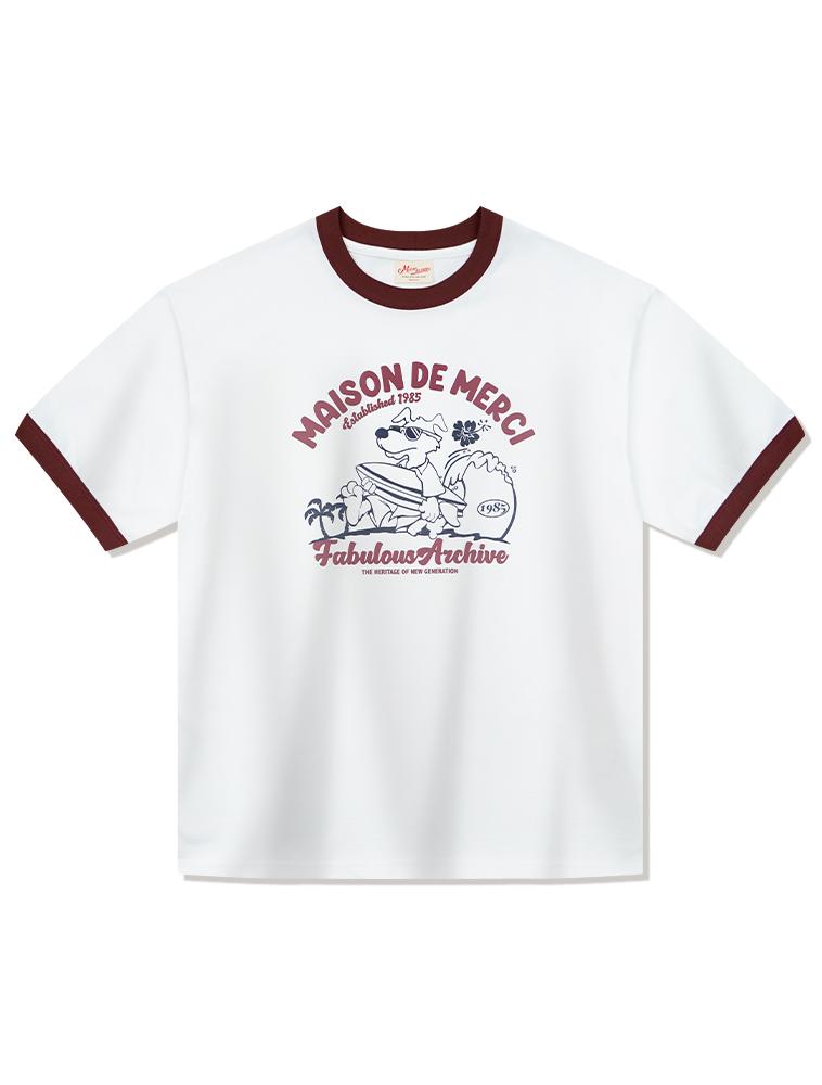 LA MAISON STUDIO Unisex Oversized Puppy Surfing Ringer Short Sleeve T-Shirt White Dark Red (Fce2Ts401M)