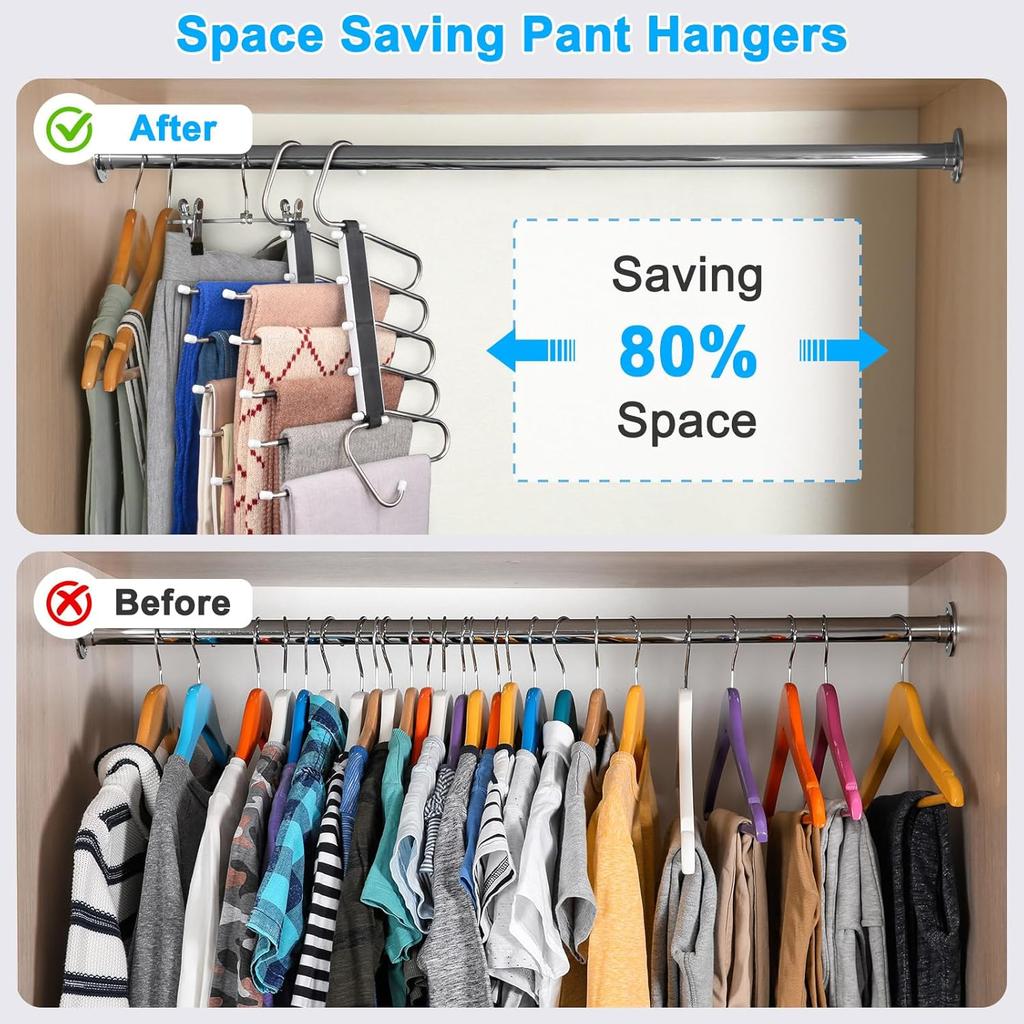 2 Pack Pants Hangers Space Saving Clothes Hangers 5 Layers, Non Slip Pant Hanger for Closet Organizers and Storage, Stainless Steel Jean Hangers