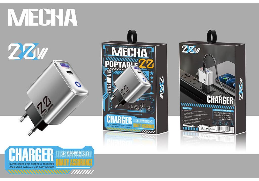New Metal 20W Type-C EU Charger: Mini USB+PD Fast Charging with Light