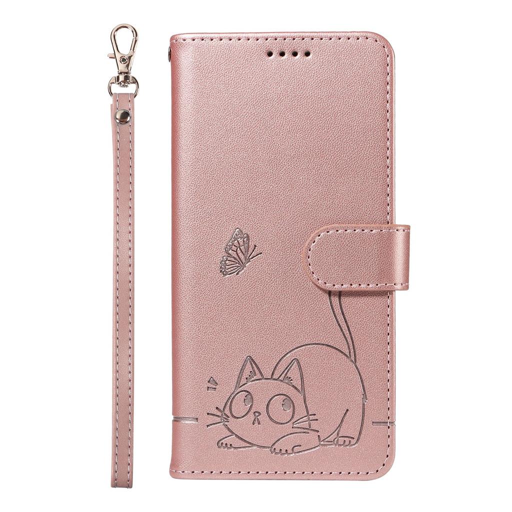 Leather Wallet Flip Case For OPPO A57S A77 A15 A15S A16 A16S A54S A17 A96 4G 5G Cat and Butterfly Embossed,Wrist Strap