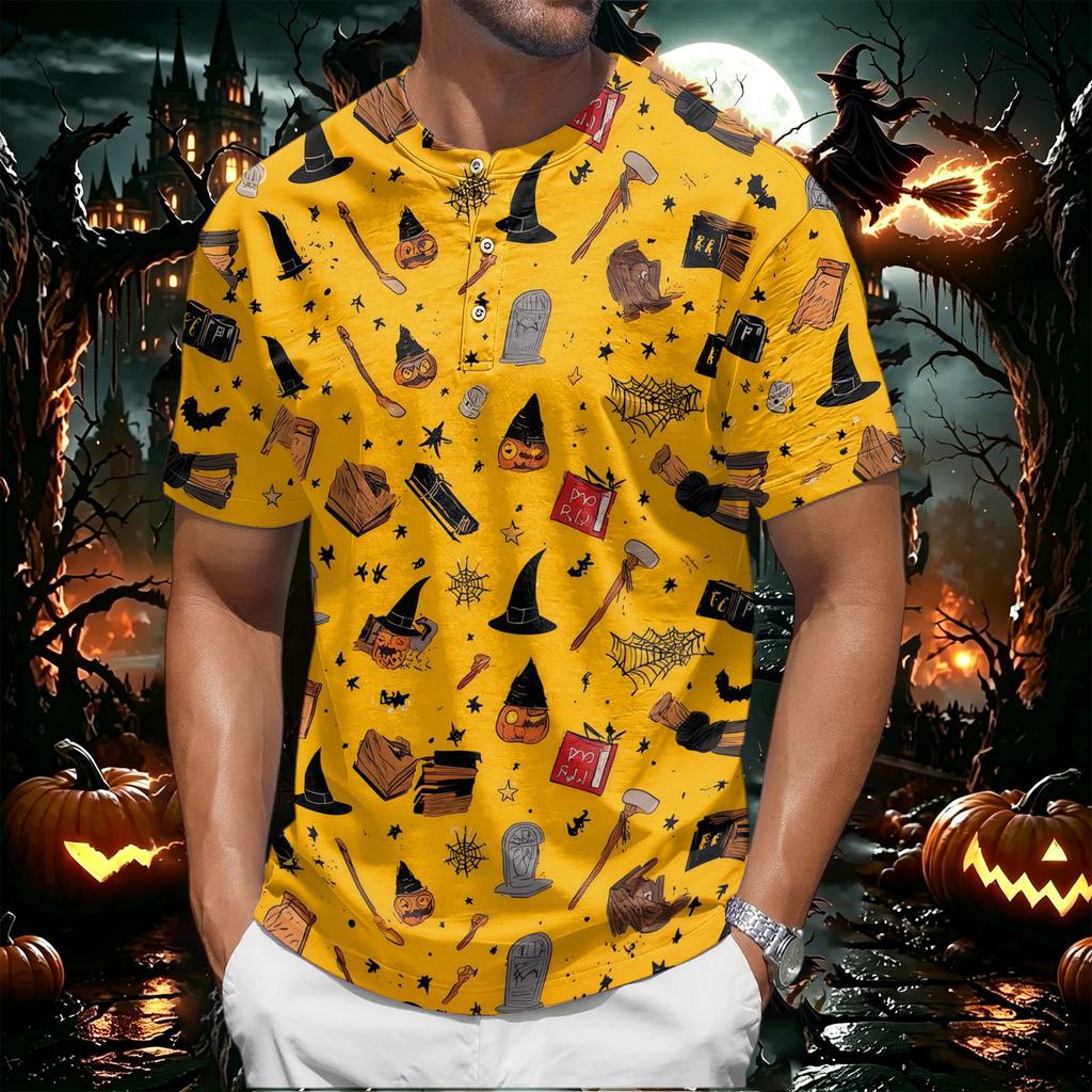 Men's Halloween Print Short Sleeve Henley Shirt Casual Round Neck Top with Button Detail Lightweight Breathable Fabric