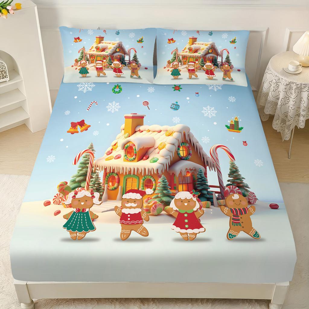 3pcs Christmas House Gingerbread Man Chipless Bed Sheet Set Multi Size Soft Bed Cover Bedroom Dormitory Bedding Decoration