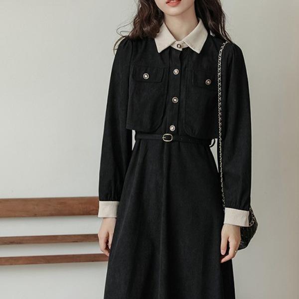 Elegant French Retro Waist-Cinched Corduroy Dress for Women - Slimming, Two-Piece Faux Design for Spring and Autumn