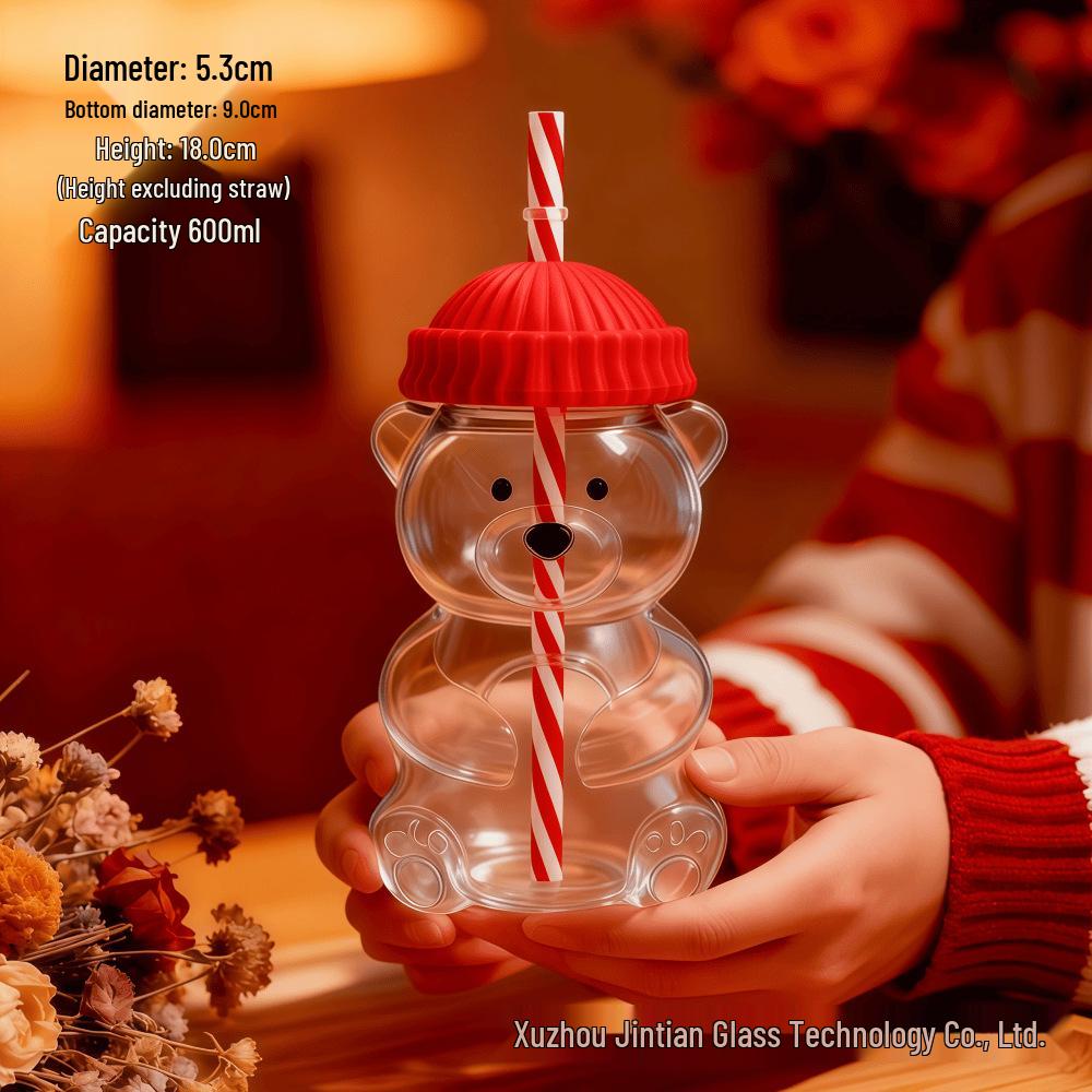 Hitzebeständiger Cartoon-Bären-Glasbecher mit Strohhalm - Süßes Borosilikatglas für Frauen