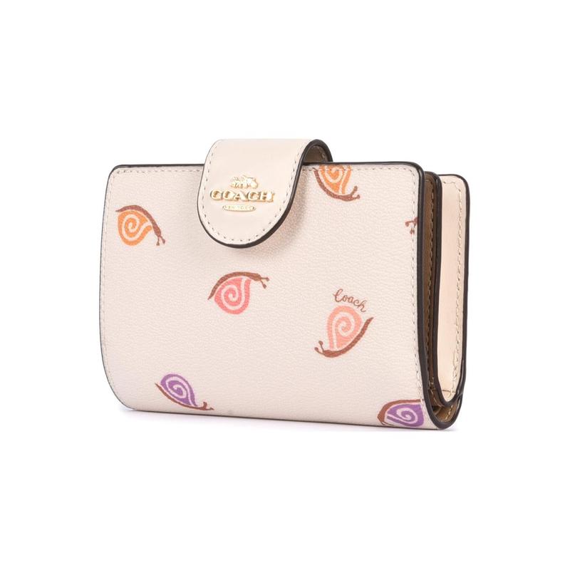COACH Corner Zip 13 Snail print multi-card slot snap closure Smooth leather and coated canvas Card holder wallet Women's Chalk White