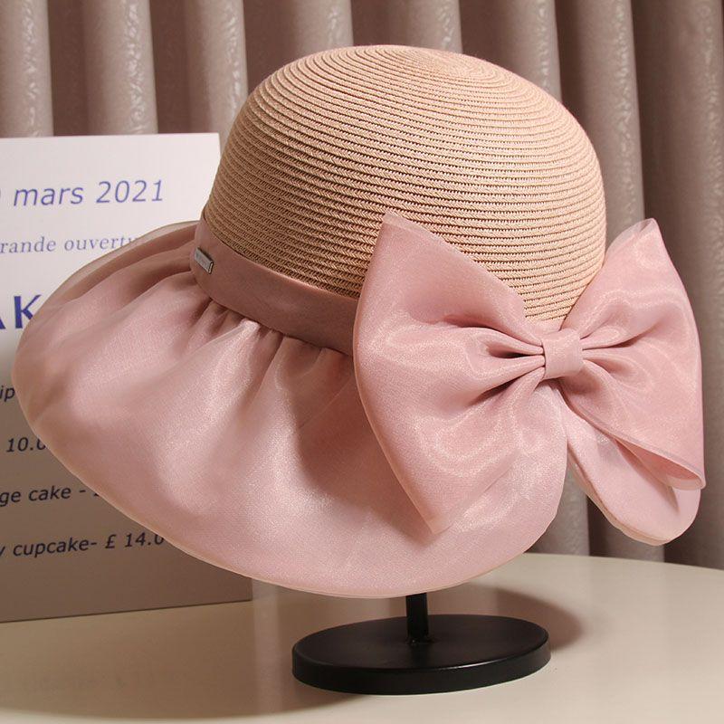 Bowknot Straw Hat Elegant Solid Color Sun Hats Style Summer Travel Beach Hats for Women