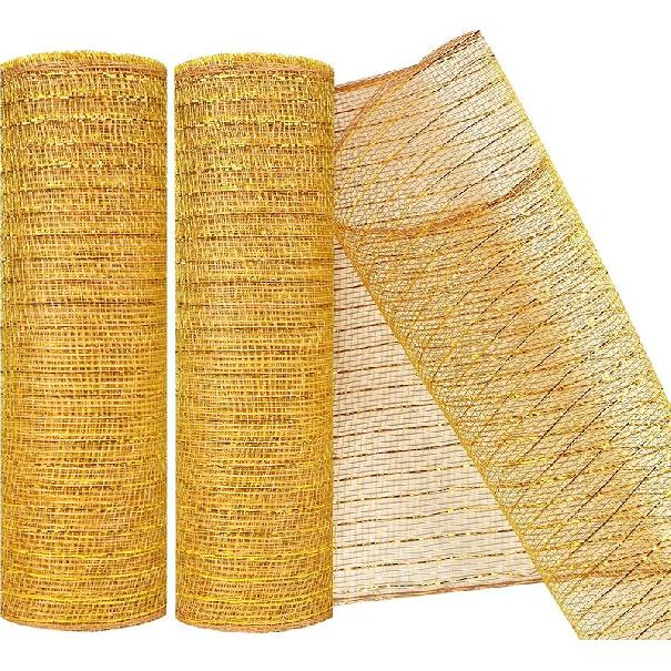 2 Pack Deco Mesh 10 Inch x 30 Feet Decor Mesh Ribbon with Metallic Foil Deco Mesh Wreath Supplies Ribbon Mesh Roll for Spring Wreaths, Craft, Party