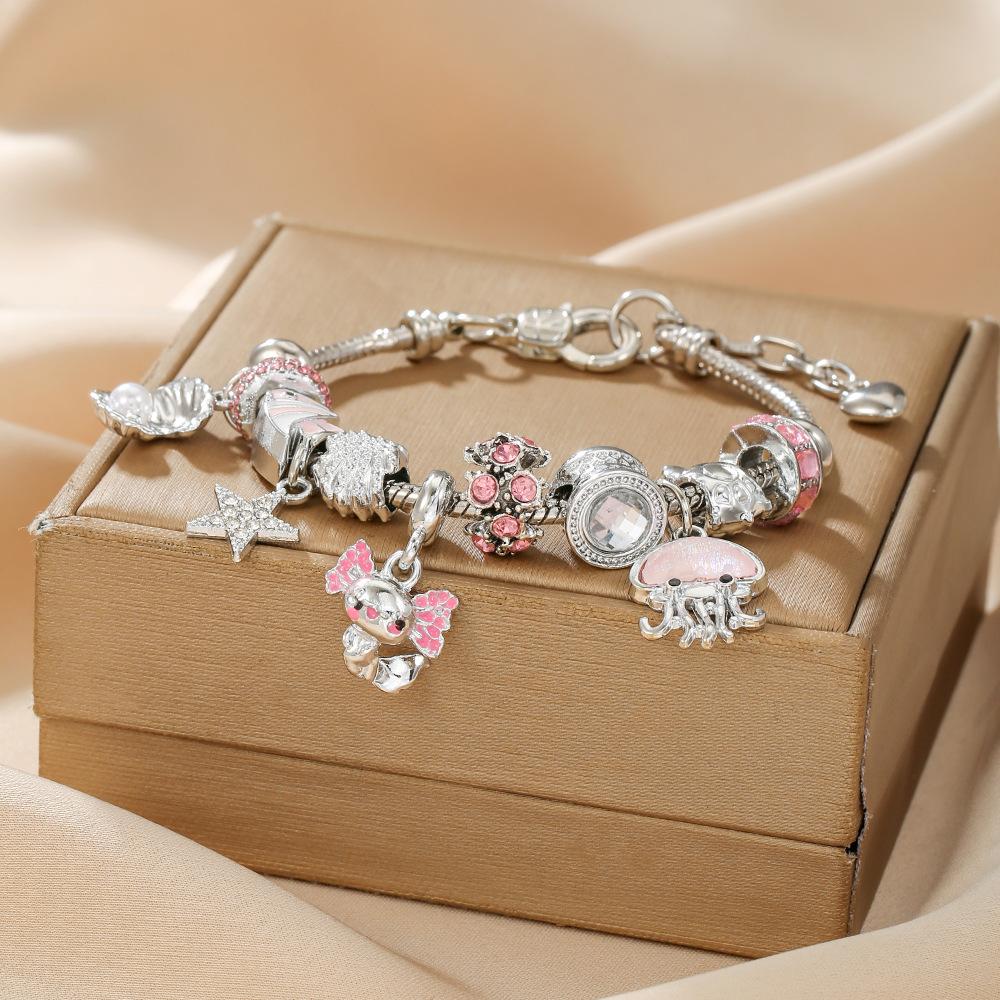 Pink Marine Style Zinc Alloy Starfish and Clown Fish Pendant Shell Beaded Bracelet-Trendy Women's Gift