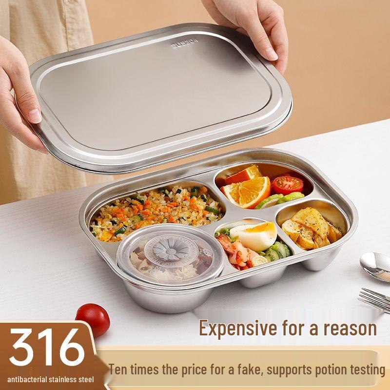 316 Stainless Steel Compartment Meal Tray with Lid - Adult & Student Canteen Lunch Box