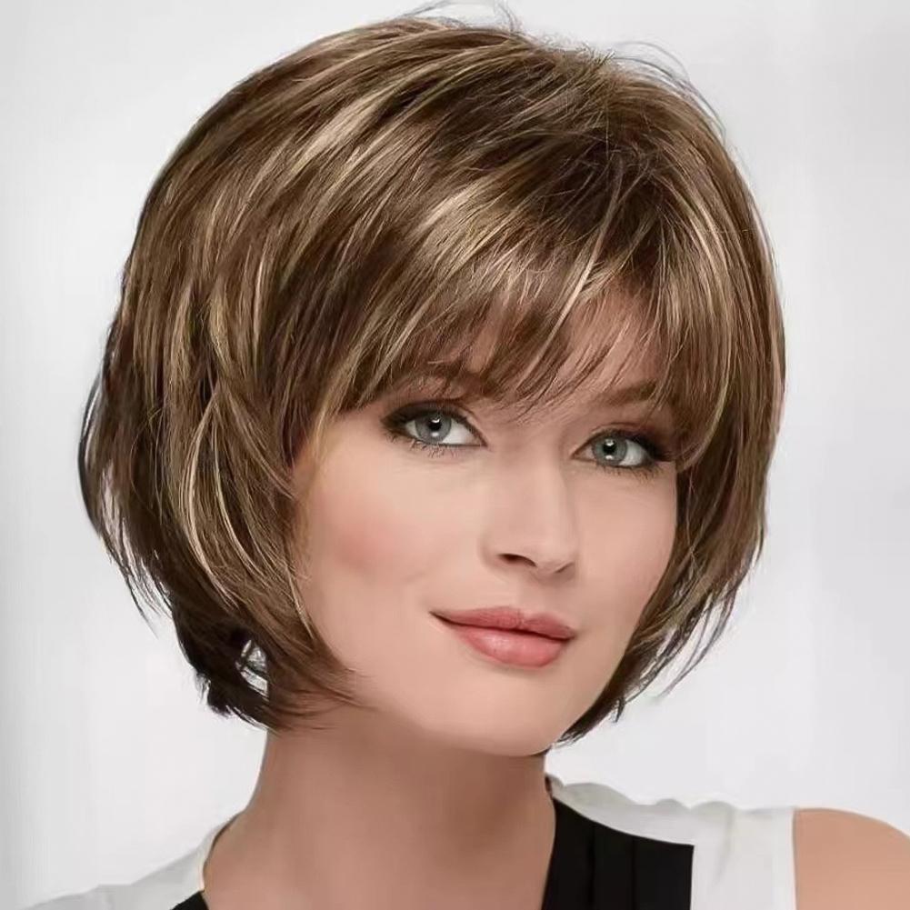 

Элегантный женский короткий парик-накладка прямые волосы пышная косая челка золотисто-белый высокотемпературный шелк парик-накладка коричневый