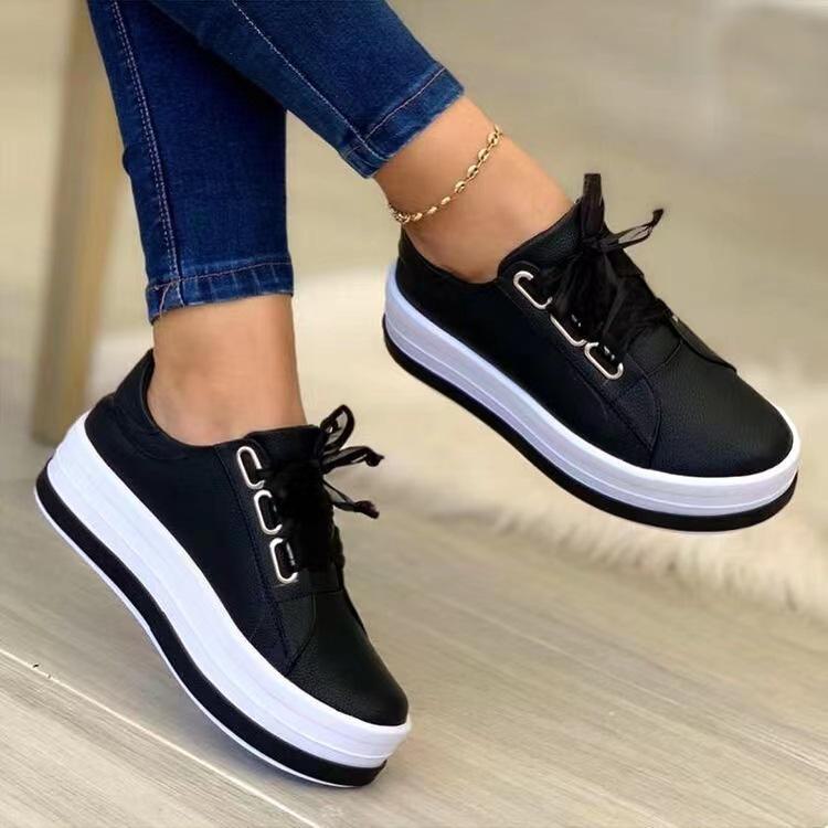 2024 Women's Casual Lace-Up Round-Toed Thick-Soled Shoes - European & American Style, Large Sizes