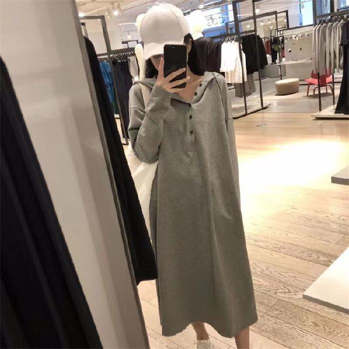Solid color A-word hooded casual large-size dress European station long-sleeved T-shirt skirt medium and long skirt (fish scale)