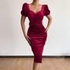 Belt Waist Tight Hip Wrap Skinny Elegant Dress Square Collar Puff Short Sleeve Bodycon Gown Dress Female Clothing