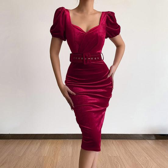 Belt Waist Tight Hip Wrap Skinny Elegant Dress Square Collar Puff Short Sleeve Bodycon Gown Dress Female Clothing
