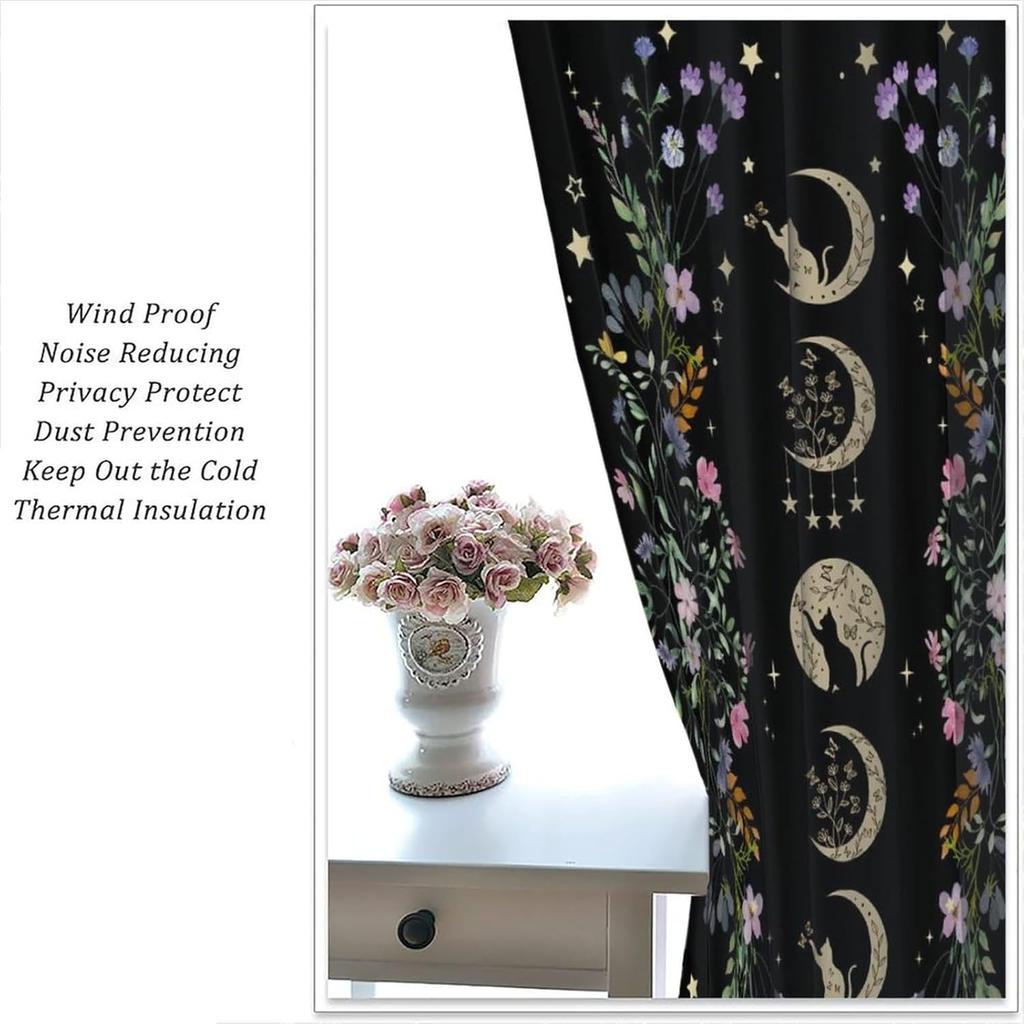 Bohemian Moon Flower Bedroom Curtains Phase Black Cat Natural Plant Moonlight Print Living Room Drapes Panels Se Curtain Polyester Ideal For Sitting