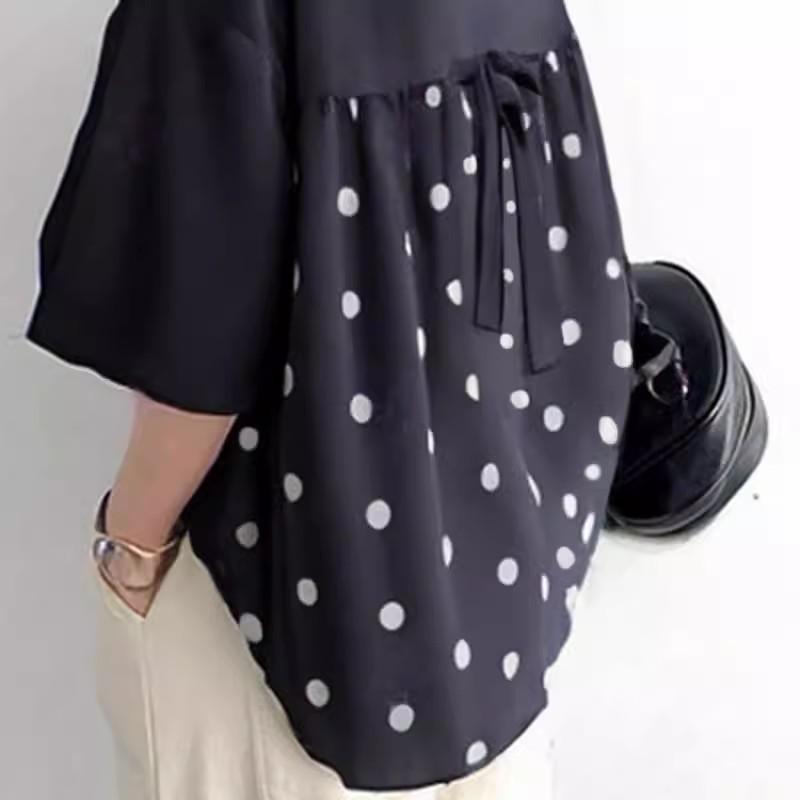 Japanese & Korean Style Women's Spring/Summer Patchwork Loose Top with Mid-Sleeve and Hollow-out Back