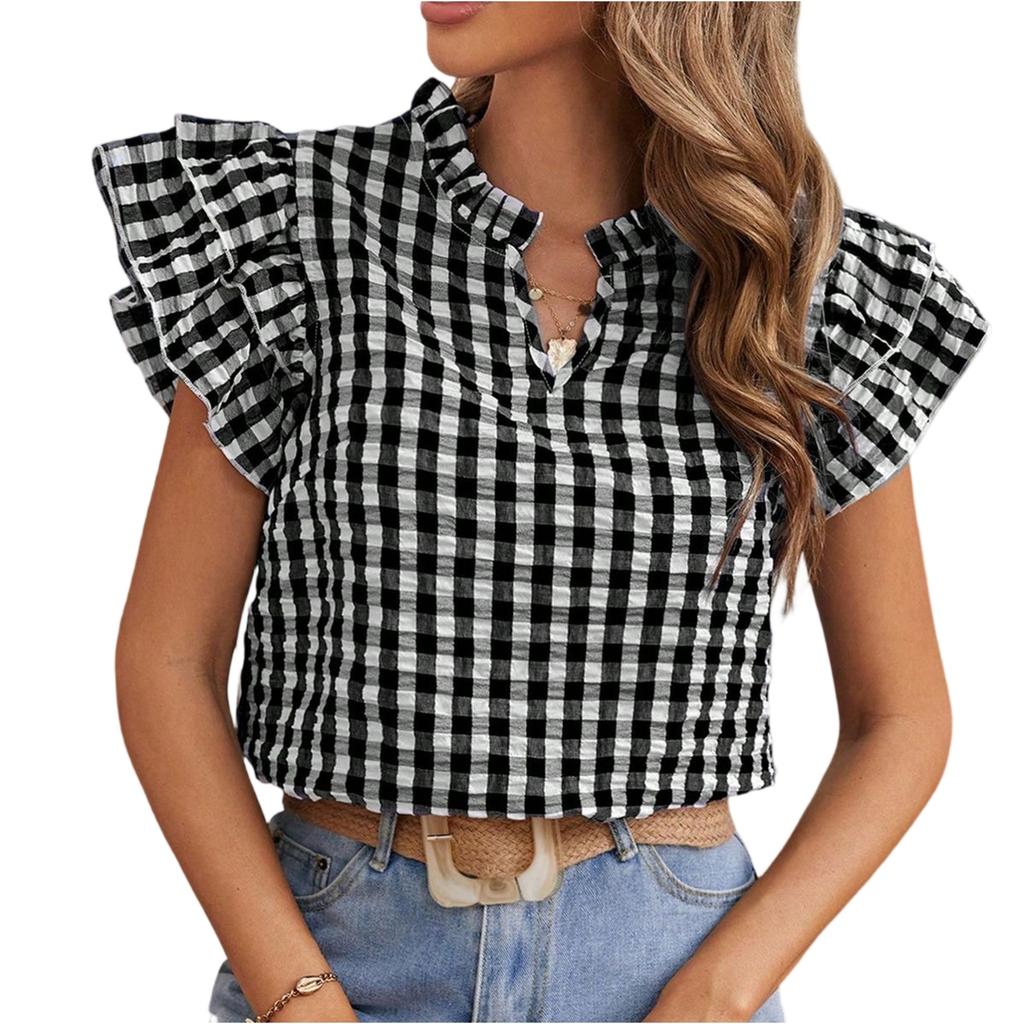 Women's Summer Fashion V-neck Checkered Short Sleeved Ruffled Sweet And Cute Top
