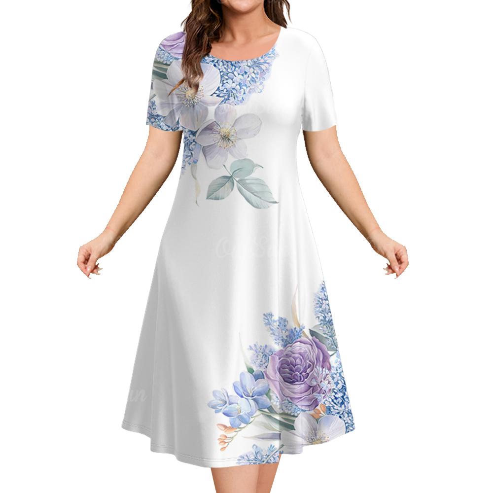 Women's Dresses 2025 Summer  Flower Elements  Dresses Elegant Casual Loose fashion Short Sleeve Dresses