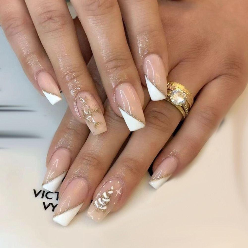 Handcess Weihnachts-Nagel-Set – 24 Ovale French-Nagelspitzen Mit Schneeflocken-Design, Glänzend & Selbstklebend