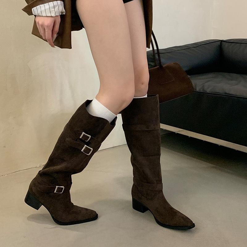 

Big tube around long boots for women but over the knee 2025 autumn new thick heel thin pointed belt buckle pleated pile boots 40