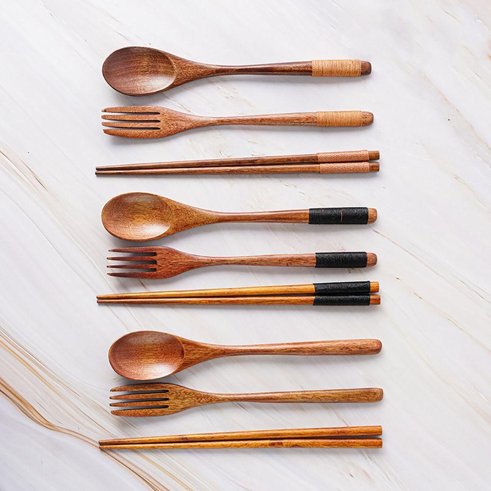Home Natural Dinner Kit Wooden Kitchen Fork Chopsticks Spoon Set Cutlery Tableware Utensils Sets