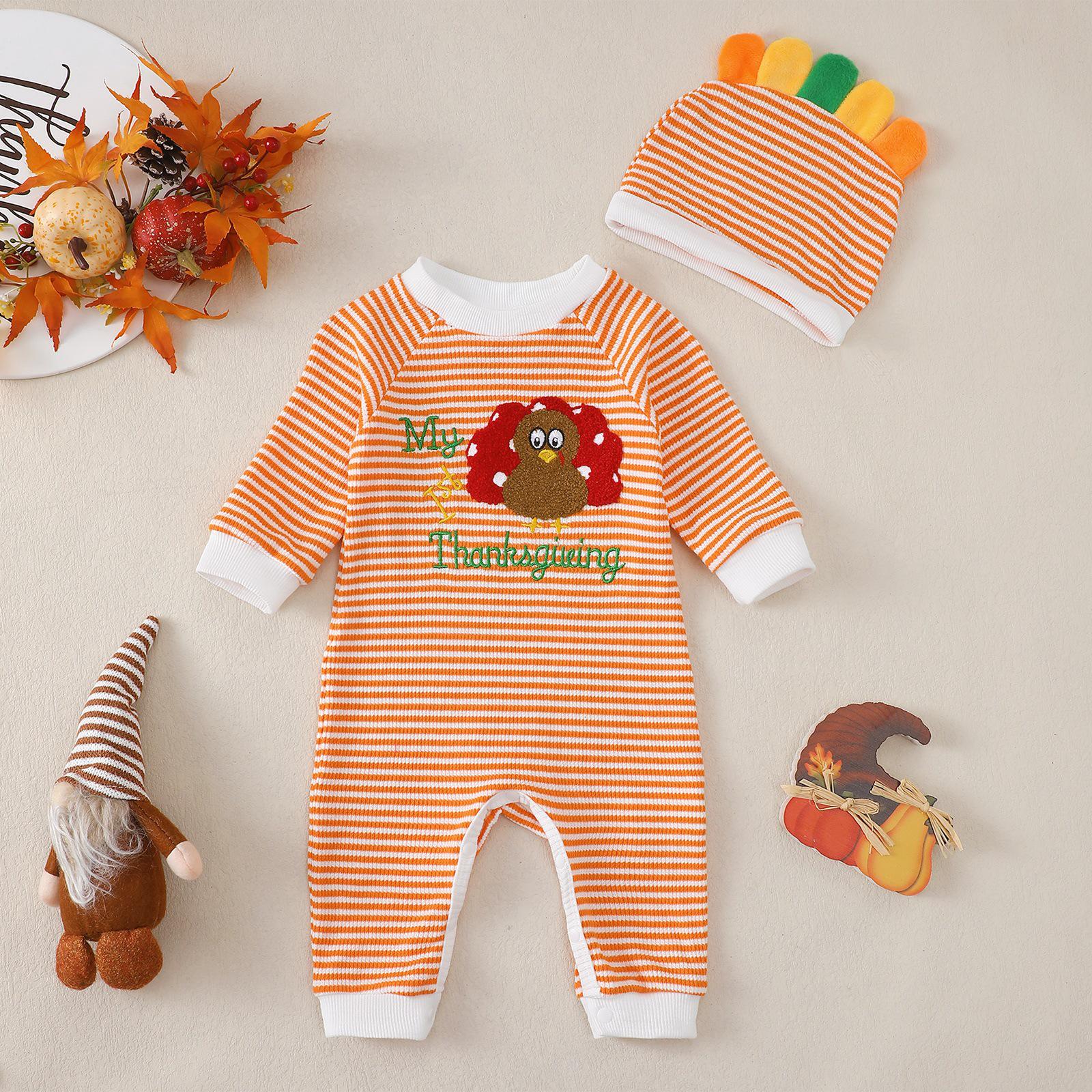 2025 Unisex Waffle Knit Thanksgiving Romper & Hat Set for Infants and Toddlers 3-6 Months