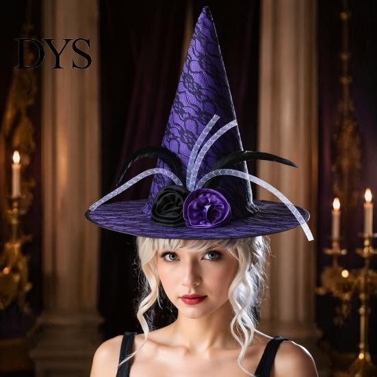 Fashionable Theme Event Hat Halloween Star Witch Hat, Mesh Veil Rose Feather Cone Adult Party Hats for Women, Gothic Costume Headwear, Cosplay