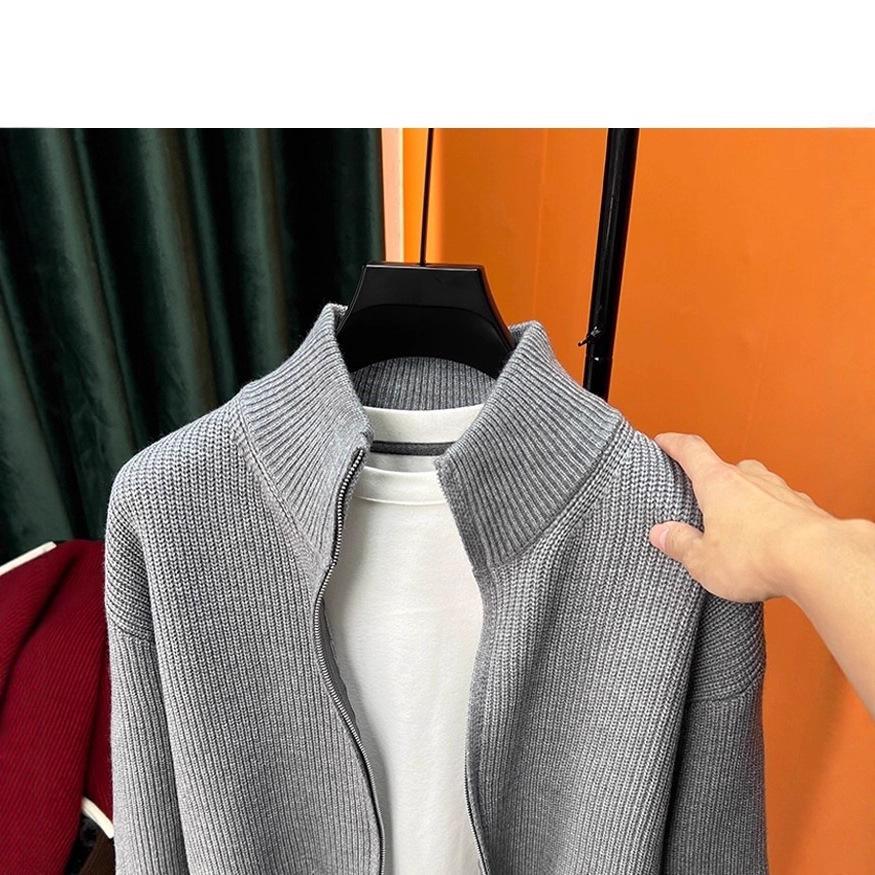 Men's Slim Fit Stand-Up Collar Zip-Up Cardigan - Versatile Solid Color Knitwear for Autumn and Winter