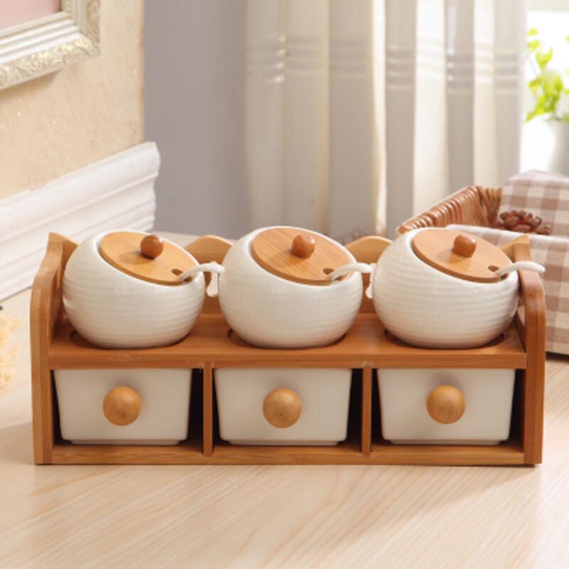 Ceramic Spice Jar Set with Bamboo Rack