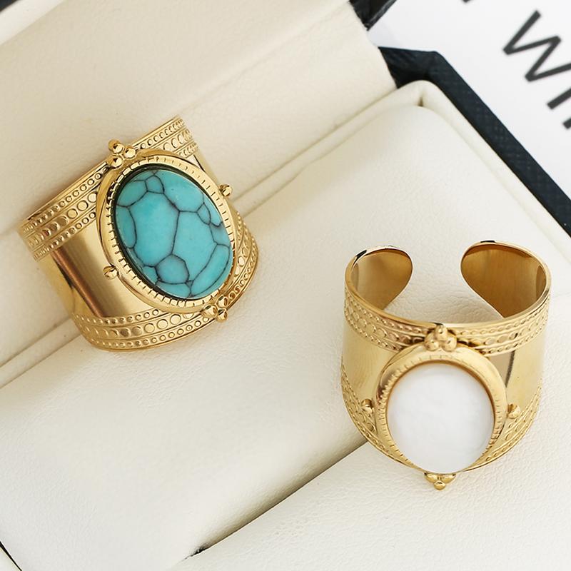 Luxury Turquoise Natural Stone Open Rings for Women 14K Gold Plated Stainless Steel Rings Wide Ring Female Jewelry Party Gifts