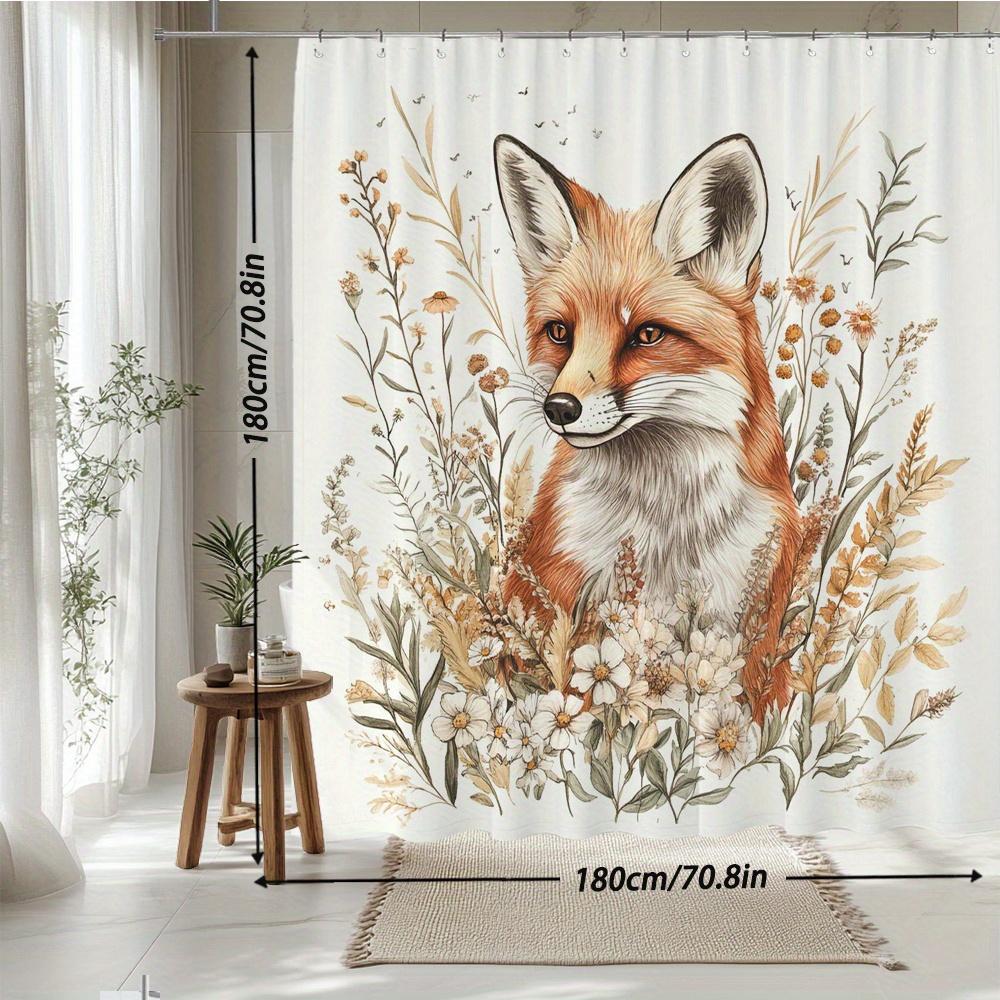 Fox Botanical Shower Curtain – Amber-Eyed Fox In Wildflowers, 12 Hooks, 70.87×70.87 In, Polyester, Machine Washable