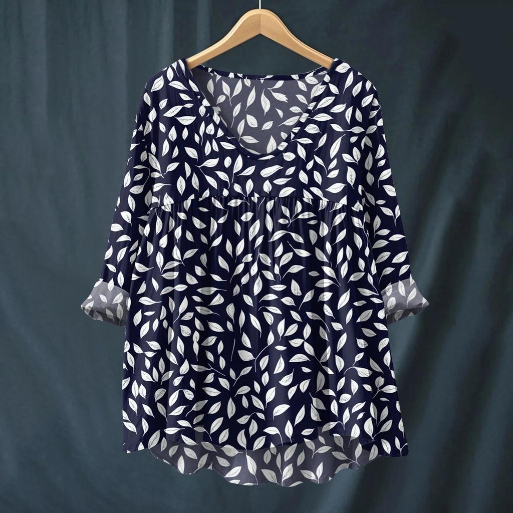 Women's Fashionable And Casual Shirt Long-sleeved V-neck Print Cotton And Linen Blouse