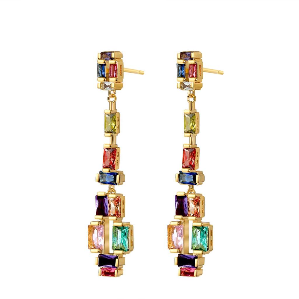 European and American color zircon earrings heavy industry long stud earrings niche design high-end earrings