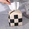 Checkered Tissue Box Cover Square, PU Leather Table Tissue Box Holder Boho Black and Beige Decorative Organizer with Metal Buckle for Vanity