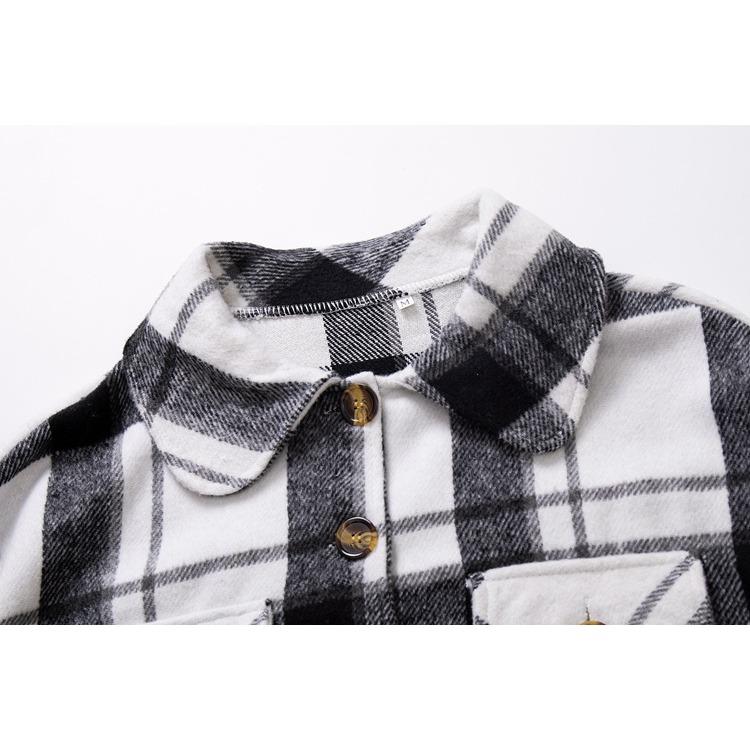 BITCED Karierter Wollmantel mit langen Ärmeln und Laternenärmeln für Mädchen mit Puppenkragen, lockere, kurze Jacke