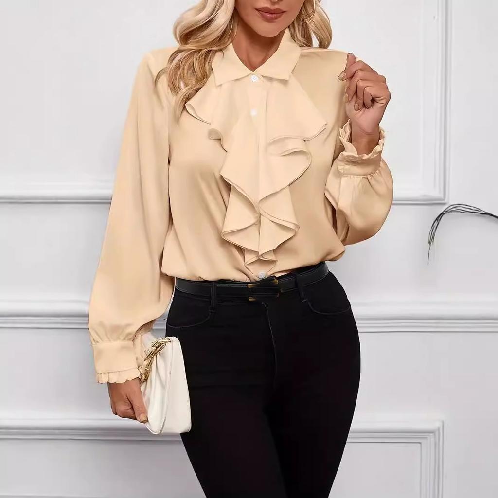 Frühling Herbst Hemden Mode Weiß Rüschen Elegant Bluse Oberteile Damen Langarm Revers Damenhemd Einfarbig Büro Damen Oberteile