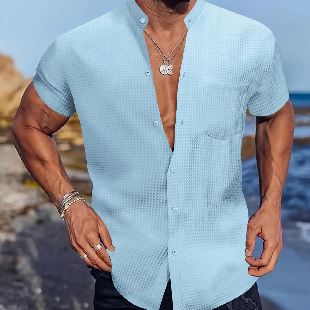Summer Cross-border men's shirt casual Henry collar pocket short sleeve